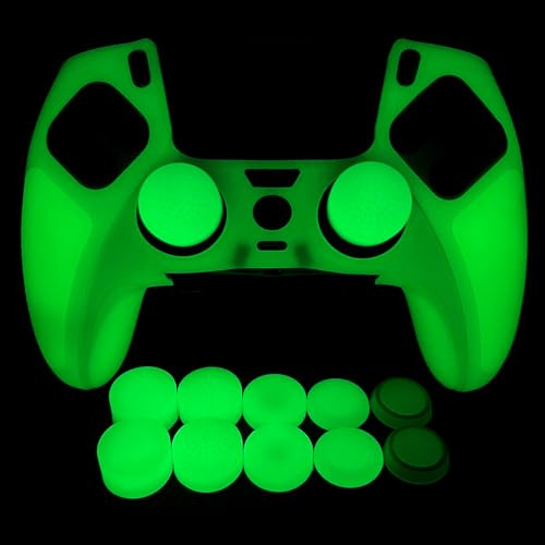 HLRAO Coque de protection antidérapante en silicone vert phosphorescent compatible avec manette PS5 Edge, 8 capuchons de pouce et 2 capuchons phosphorescents.