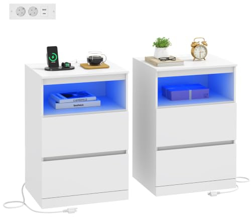 Nachttisch 2er Set, mit Steckdosenleiste, LED, Versteckter Schublade, Weiß | Beistelltisch, mit 3 Schubladen, 1 Offenes Fach, 2 AC-Steckdosen, 1 USB-A-Anschluss, 1 USB-C-Anschluss, Modern