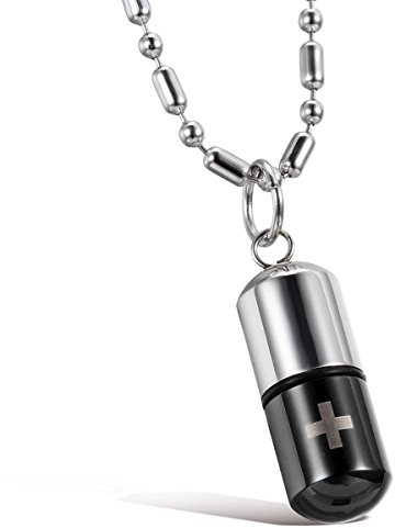 JewelryWe Schmuck Edelstahl SOS Kapsel Notfall-Kapsel Anhänger mit Kette Halskette für Damen Herren Schwarz/Silber, mit Geschenk Tüte