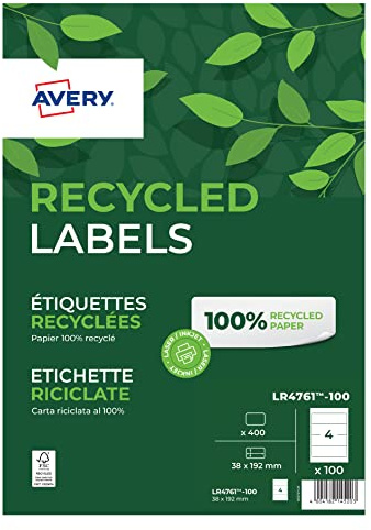Avery LR4761-100 Recycled Filing Labels (A4 Sheets of 61 x 192 mm, 4 Labels Per Sheet, 100 Sheets) - White