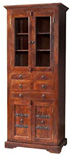 MASSIVMOEBEL24.DE Oxford Vitrine Akazie 80x50x195, Farbe:Dunkelbraun lackiert, Größe:80x50x195 cm (BxTxH)