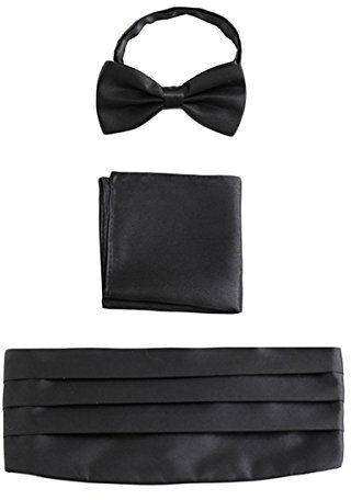 WANYING Herren Satin Kummerbund Fliege Einstecktuch 3 in 1 Set für Hochzeit Party Ball Banquet Smoking Gentleman - Einfarbig Schwarz