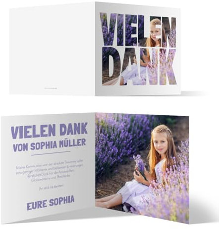 Personalisierte Foto Kommunion Dankeskarten ab 10 bis 100 Stück Menge wählbar, 148x148mm Klappkarten Danksagungskarten Danksagung Kommunionskarten - Fotoschrift