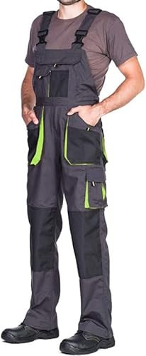 Salopette da Lavoro Uomo, Pantaloni da Lavoro Uomo con Tasche per Imbottitura, Taglie Grandi Fino S-3XL, Salopette combinati, Tuta da Lavoro Uomo con Tasche per Ginocchiere, Nero/Verde, 48