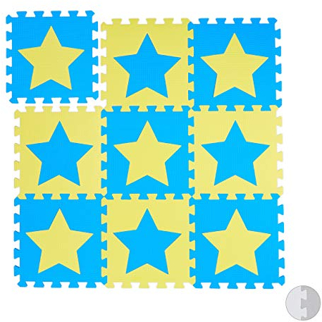 Relaxdays 9 TLG. Puzzlematte Sterne, 18 Puzzleteile, Eva Schaumstoff, schadstofffrei, Spielunterlage 91 x 91 cm, blau-gelb