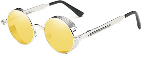Dollger Vintage Steampunk Retro Lunettes de Soleil à Monture Ronde en MéTal(Verres teintés jaunes/monture argentée)