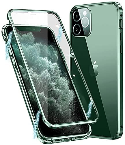 MIMGOAL Case for iPhone 11 Pro Max Magnetic Cover 360 Degree Full Body Shockproof [Built-in Camera Lens Protector] Metal Bumper with Front and Back Clear Tempered Glass, Midnight Green