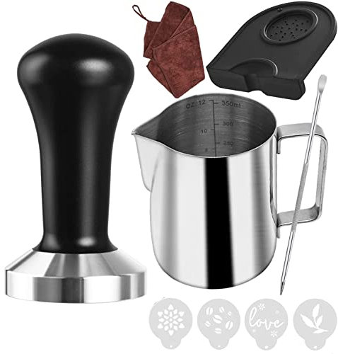 Ezebesta 51mm Coffee Tamper Set with Tamper Mat, Milk Jug (350 ml), Barista Towel, Latte Art Pen and Decorative Stencils for Espresso Machines with 51mm Portafilter