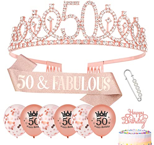 Popuppe 50. Geburtstag Schärpe und Krone,50 Geburtstag Geschenke Geburtstagskrone Kristall Tiara,Geburtstag Cupcake Topper Konfetti Luftballons für 50 Jahre Geburtstag Frauen Deko
