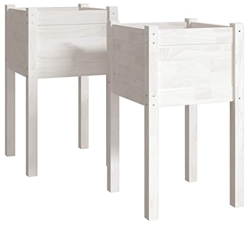 vidaXL 2X Massivholz Kiefer Pflanzkübel Blumenkübel Hochbeet Blumenkasten Blumentopf Pflanztopf Übertopf Pflanzgefäß Pflanzkasten Weiß 40x40x70cm