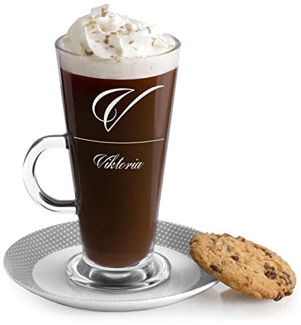 Maverton Latte Macchiato Glas mit Gravur - 360 ml - Cappuccino Tasse mit Henkel - Trinkglas für Kaffee - Kaffeezubehör - Kaffeeglas für Frauen - zum Geburtstag - personalisiert - Initiale