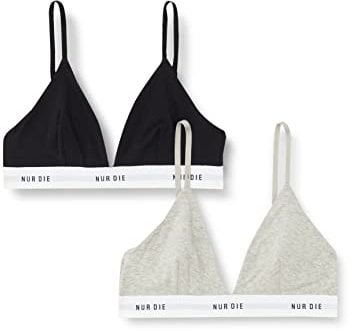 Nur Die 2er Pack Soft BH sportlich ohne Bügel bügelloser BH Triangel Bra Bustier Baumwolle Damen, Graumelange/schwarz, XL
