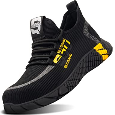 IYVW 792 Safety Shoes Trainers Mens Women Lightweight Breathable Work Shoes Steel Toe Caps Footwear Black Yellow 9 UK