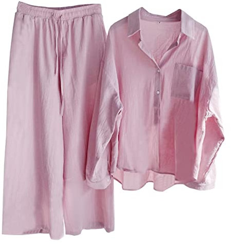 Beralst Set di pantaloni da donna, 2 pezzi, camicia in lino con bottoni e pantaloni a gamba larga, Rosa, X-Large
