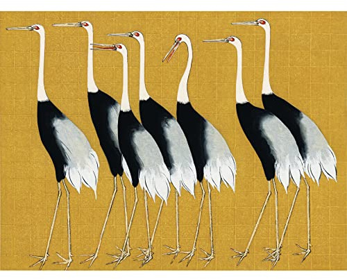 Wee Blue Coo Herons Cranes Flock Birds Ogata Korin Vintage Monochrome Illustration Mustard Yellow Unframed Wall Art Print Poster Home Decor Premium