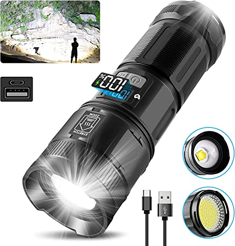 Fwiull Torch with 50000 Lumens, Super Bright LED Torch with COB Work Light, Powerful Torch, Handy Torch, LED Rechargeable for Emergencies, Camping, Hiking