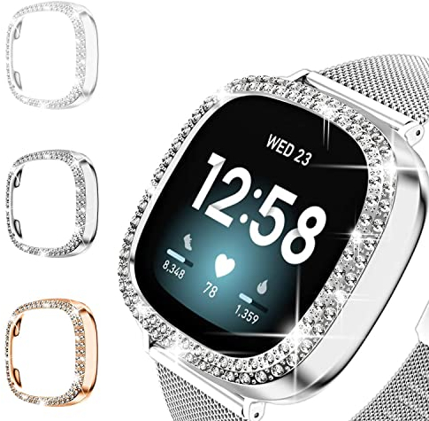 [3 Pack] Glitzer Diamant Fitbit Versa 3 / Sense Abdeckung, 3 Harte PC Stoßstange Gehäuse Kratzfest Bling Kristall Frauen Mädchen Schutzhülle für Fitbit Versa 3 / Sense