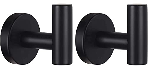 YUET 2 Pcs Bathroom Towel Hook,Screw in Metal Coat Hooks Matte Black Robe Hook SUS 304 Stainless Steel Heavy Duty Door Hanger Towel Robe Clothes Closet Sponges Holder for Bathroom Hotel (Black)