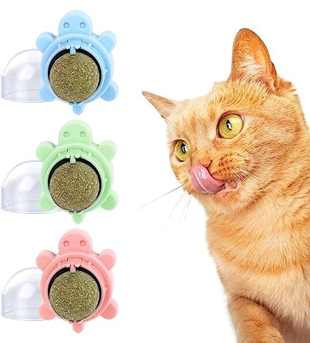 Boules d'herbe à Chat,3 Pièces Boule Herbe a Chat, 360 Degrés Boule d'herbe à Chat,Boule Herbe a Chat Murale,Auto-adhésif Balle Murale Comestible pour Nettoient Les Dents (Tortue)
