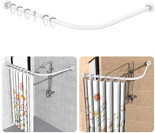 Barra Cortina Ducha Sin Taladro, Barra Extensible de Acero Inoxidable 304, 95-125 x 95-125 cm, Incluye 18 Anillos, Sin Soporte de Techo, Barra de Cortina de Ducha Esquina Para Bañera y Ducha - Blanco