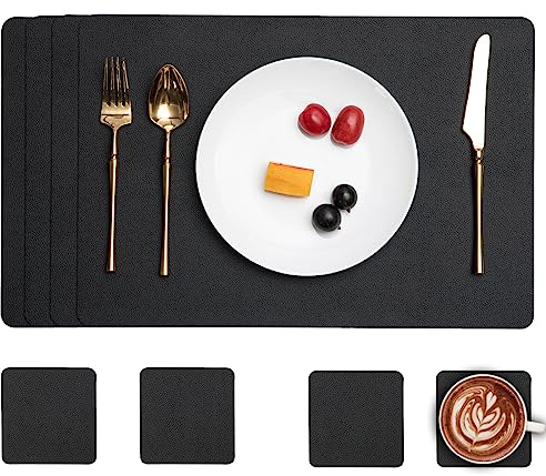 Myir JUN Leather Table Mats and Coasters, Dual-Sided Leather Placemats and Coasters Waterproof Placemats Set of 4 Place Mats Non-Slip Washable Table Mats (Black Black, Set of 4)