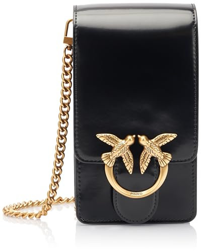 Pinko Damen Love One Smart Leder glänzend gebürstet Reisezubehör-Brustbeutel, Z99q_schwarz-antik Gold