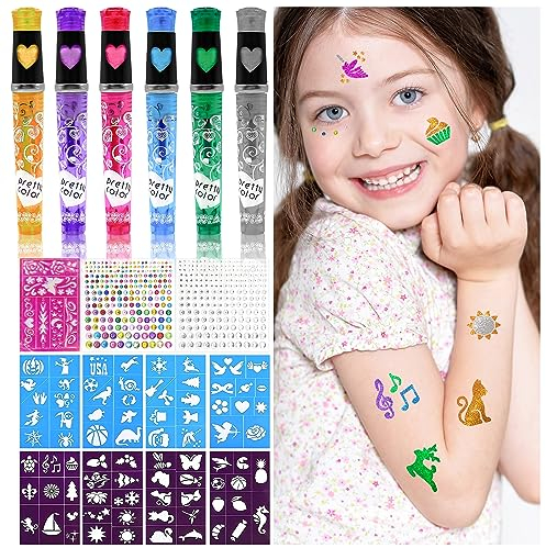 Rotuladores Tatuajes Purpurina Niños, Tatuajes Temporales Niños con 6 Bolis Tatuajes Purpurina, 9 Tatuajes Plantillas, 330 Diamante Cara, Fiesta Juegos Infantiles Tatuajes, Regalos Cumpleaños Niños