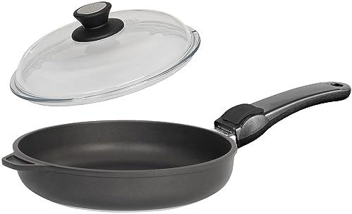 SKK große 2-tlg. Gusspfanne Ø 28 cm mit hohem Rand - ohne Induktion - beschichtete Pfanne Stiel abnehmbar & Vollglas Deckel - Made in Germany