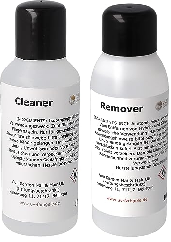 Sun Garden Nails Nagelreiniger Cleaner 100ml und Soak Off Remover 100ml - Special Nail Cleaner für UV Gele und Acryl Systeme - Nagellackentferner für UV Nagellacke und Hybridlack