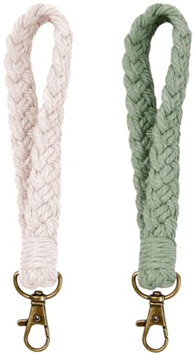 Wisebom 2 Pièces Porte Clés Macramé, Porte-Clés Gland Clés, Tressé Porte Clés Boho avec Pampille, Porte Clef, Fleur Porte-Clés en Corde Bracelet Lanière pour Femmes (Blanc + Vert)