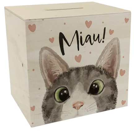 MIAU Katze Spardose aus Holz Geburtstag Spardose aus Holz Zeichnung Sparschwein Illustration Sparbüchse Kulleraugen sparen Katzenmensch Wohnung