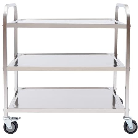 KEESUNG Edelstahl Servicewage 3 Borde, Küchenwagen Transportwagen mit Rollen und Feststellbremsen, 4 Räder Geschirrwagen Gastro Servierwagen mit Bremse, 85 * 45 * 90cm