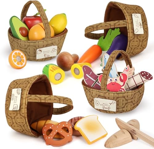 Lehoo Castle Juguetes de Madera, Comida Juguete, Comida Juguete Cocinita con Cuatro Cestas de Tela, Accesorios Cocina Juguetes, Utensilios Cocina Juguete para Niñas 3 4 5 6 7 Años