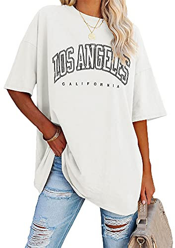Ebifin Oversize T Shirt Damen Vintage Kurzärmeliges Rundhals Los Angeles Oberteile Tops Casual Lockere Basic Sommer Tee Shirts Bluse.Weiß.XXL