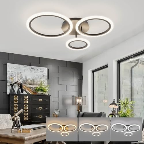 KeLuKes 59cm Moderne Led Deckenlampe Schlafzimmer, 3-Ring-Deckenlampen-Design, 46W Dimmbar Deckenleuchte mit Fernbedienung, 3000K-6000K, Schwarze Küchendeckenlampe