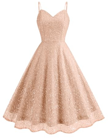 Odizli Glitzerkleid Damen Pailettenkleid Sexy Glitzer Pailletten Spaghettiträger Swing Partykleid Rockabilly 50er Jahre Vintage Cocktailkleid Festliche Party Kurz Ballkleid Abendkleid Champagner S