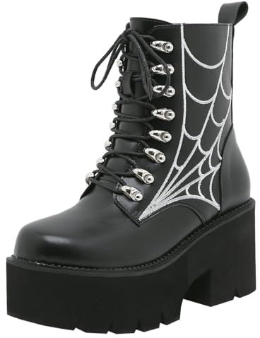 Etebella Damen Gothic Plateau Stiefeletten Blockabsatz Ankle Boots zum Schnüren Punk Combat Schuhe(Schwarz,40)