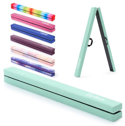 ZELUS Schwebebalken für Zuhause 240 cm Faltender Schwebebalken Kinder Gymnastikbalken Gymnastik Balance Balken aus Eva-Schaum & Holz Beflockungsschicht Balancierbalken für Training, Turnen (Grün)