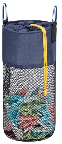 GNEGNI LIFE Pegs Bag, Mesh Large-Capacity Clothes Pegs Bag with Hook Drawstring Hanging Clothespin Bag Portable Resistant Clothes Pegs Holder Bag for Storing Clothes Peg, Socks and Toys (Navy)
