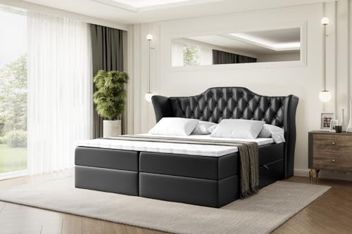 ALTDECOR Boxspringbett mit Matratze und Lattenrost, Boxbett, Topper, Polsterbett mit Bettkasten, Bett mit Stauraum H4-Matratze, Doppelbett, Springboxbett - Vila - 200x200 - Schwarz Kunstleder