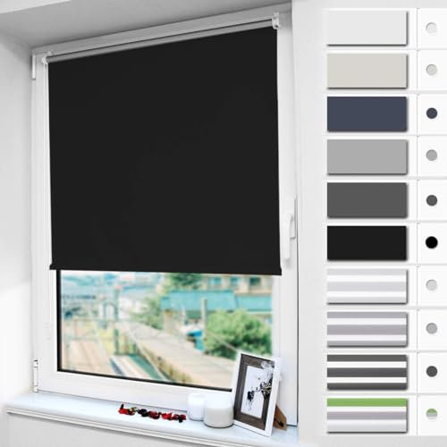 Magiea Verdunklungsrollo ohne & mit Bohren Klemmfix, Schwarz B55 x H120 cm (Stoffbreite 50 cm), Klemmrollo Thermorollo, Innenrollo für Sonnen- und Sichtschutz, Rollos für Fenster & Tür