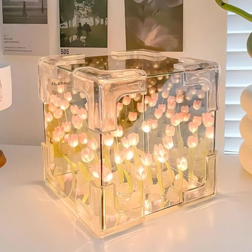 Blossom Box, DIY Tulpen Würfel Spiegel Lampe, 2 in 1 DIY Tulpe Nachtlicht, Handgefertigte Romantische Nachttischlampe, Tulpe LED Tischleuchte, Dekorative Blume Lampe für Schlafzimmer Dekor (Rosa)