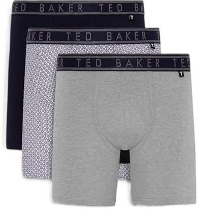 Ted Baker Men's 3-Pack Cotton Boxer Brief, Navy Palm Tree/White/Heather Grey, S