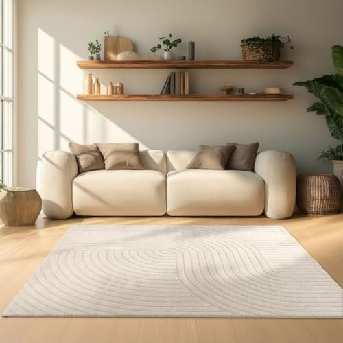 TT Home Wohnzimmer Teppich Esszimmer Kurzflor Panglao Japandi Design Skandinavisch Boho Uni Arches Soft-Touch Hoch-Tief-Effekt, Größe:240x330 cm