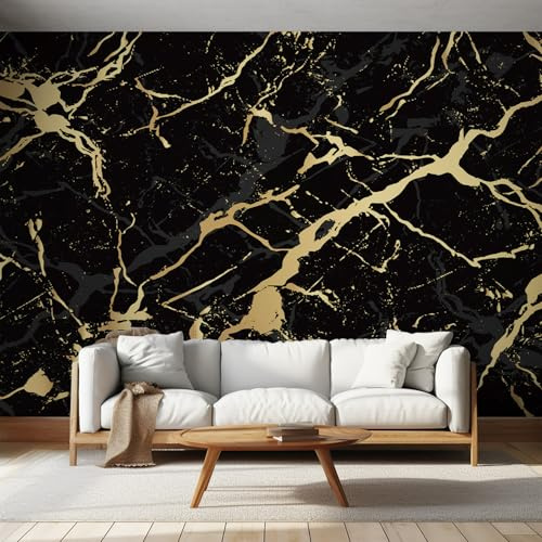 NOGAWA Papier Peint Motif Marbre, 3D Panoramique Papier Peint Doré Noir, Papier Mural Decoratif Pour Salon, Chambre, Tapisserie Murales, Décoration Murale 450x315cm