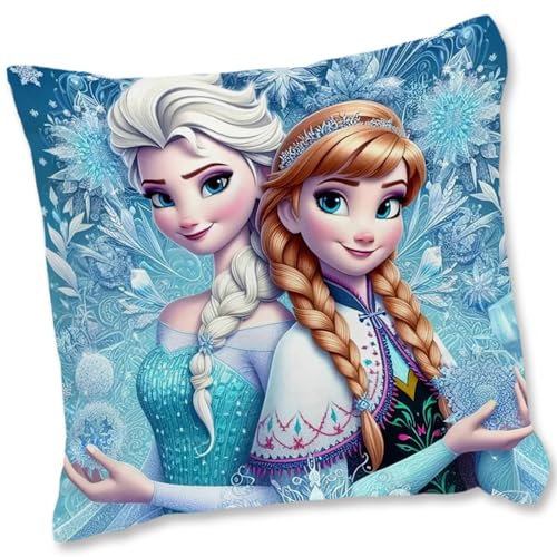 QDUODUO Kissenbezug Kinder, Eiskönigin Kissenhülle Eisa Anla Prinzessin Kopfkissenbezug, Cartoon Zierkissenbezüge mit Doppelseitigem Muster Verdecktem Reißverschluss für Mädchen Geschenke, 45x45cm
