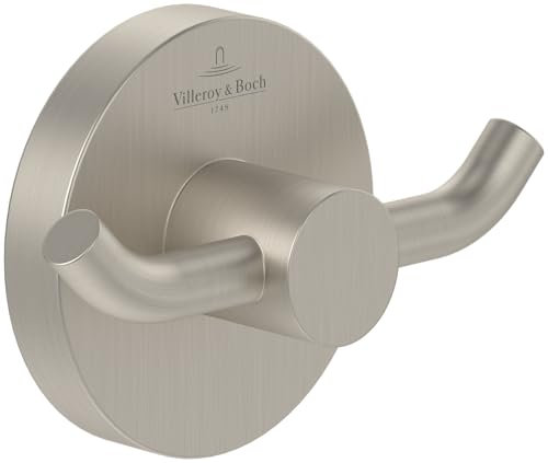 Villeroy & Boch Elements - Tender Doppel-Handtuchhaken, Handtuchhalter für Wandmontage, Wandhaken aus Zink, Zubehör Bad, Badhaken rund, 76 x 32 x 54 mm, Brushed Nickel Matt