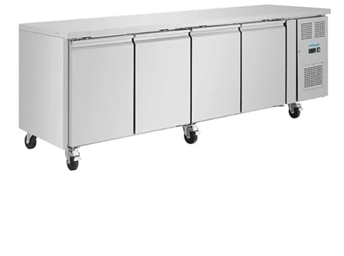 Polar U-Series Four Door Counter Fridge, Stainless Steel, 553 Ltr | Heavy-duty commercial undercounter storage maximizes kitchen workspace while keeping ingredients chilled and accessible.