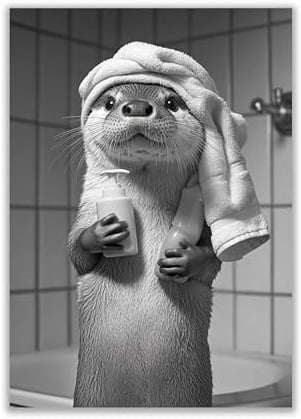 WBdesignz Lustiges Otter-Poster – Otter mit Shampoo und Handtuchturban im Bad – Humorvolle Schwarz-Weiß Wanddeko für Gäste-WC, Badezimmer oder Spa (DIN A4) – ohne Rahmen
