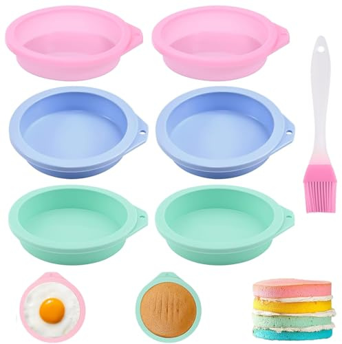 6Pcs Air Fryer Egg Mould Silicone Egg Mold with Brush 4 Inch Silicone Eggs Bite Molds Non Stick Round Silicones Layer Cake Mold Silicones Eggs Poachers for Air Fryer Muffin Lids Sandwiches Cake